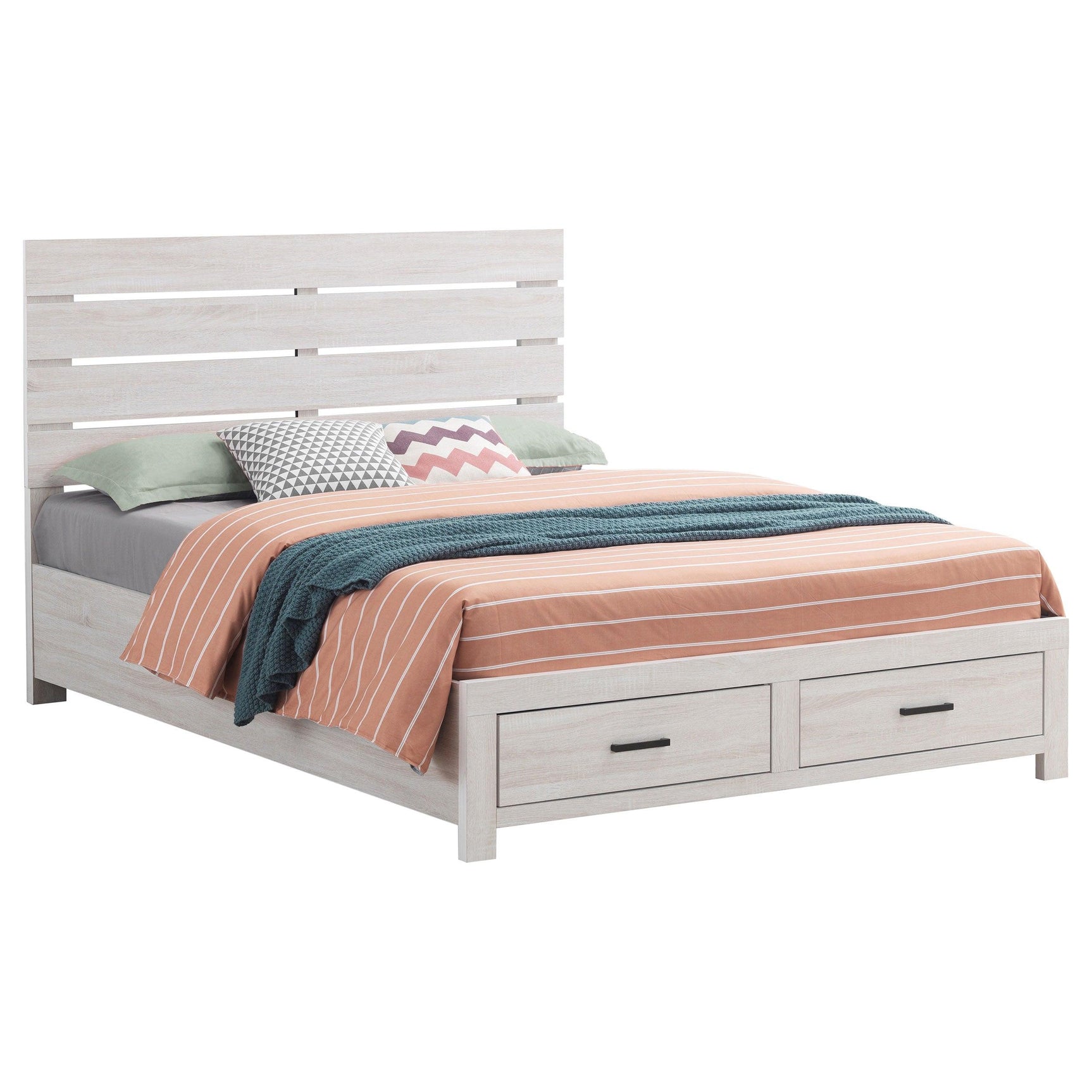 Side view of Marion Coastal White Storage Bedroom Set bed