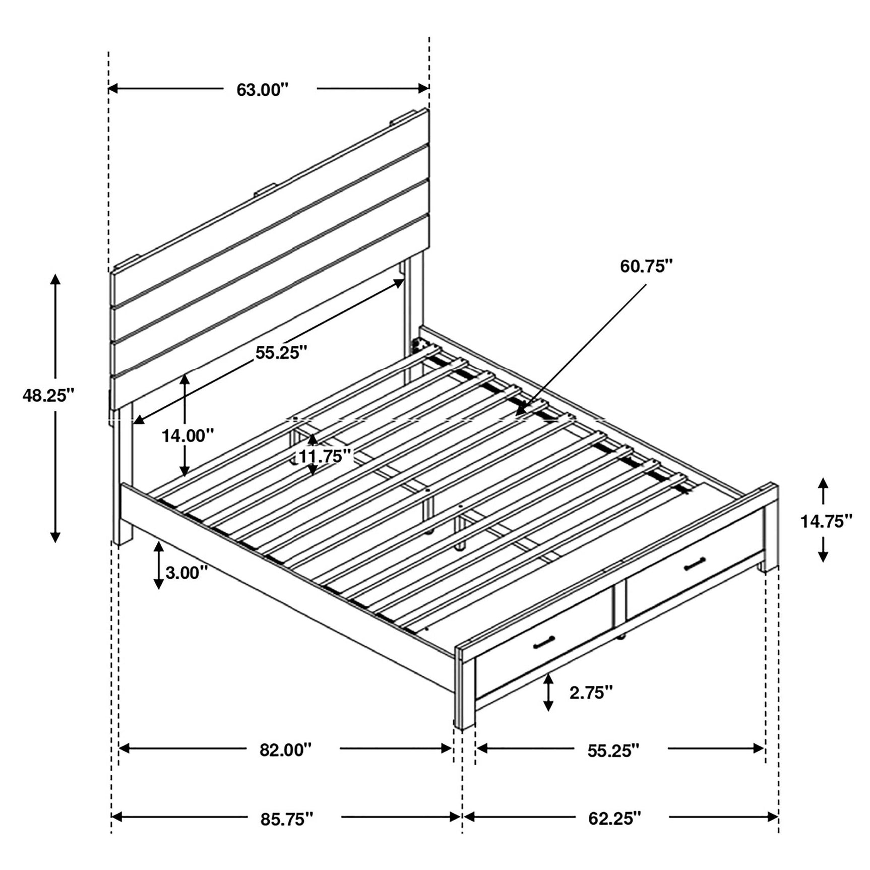Side angle of storage bedroom set bed