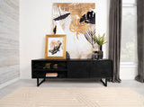 Marsden TV stand side angle showing ornate iron pull handles
