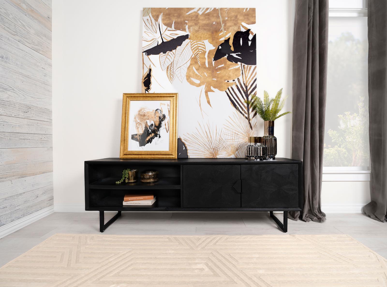 Marsden TV stand side angle showing ornate iron pull handles