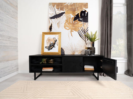 Marsden TV stand open doors showing interior shelves