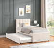 Front view of Maya Beige twin velvet platform bed with trundle