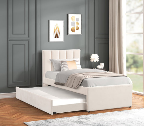 Front view of Maya Beige twin velvet platform bed with trundle
