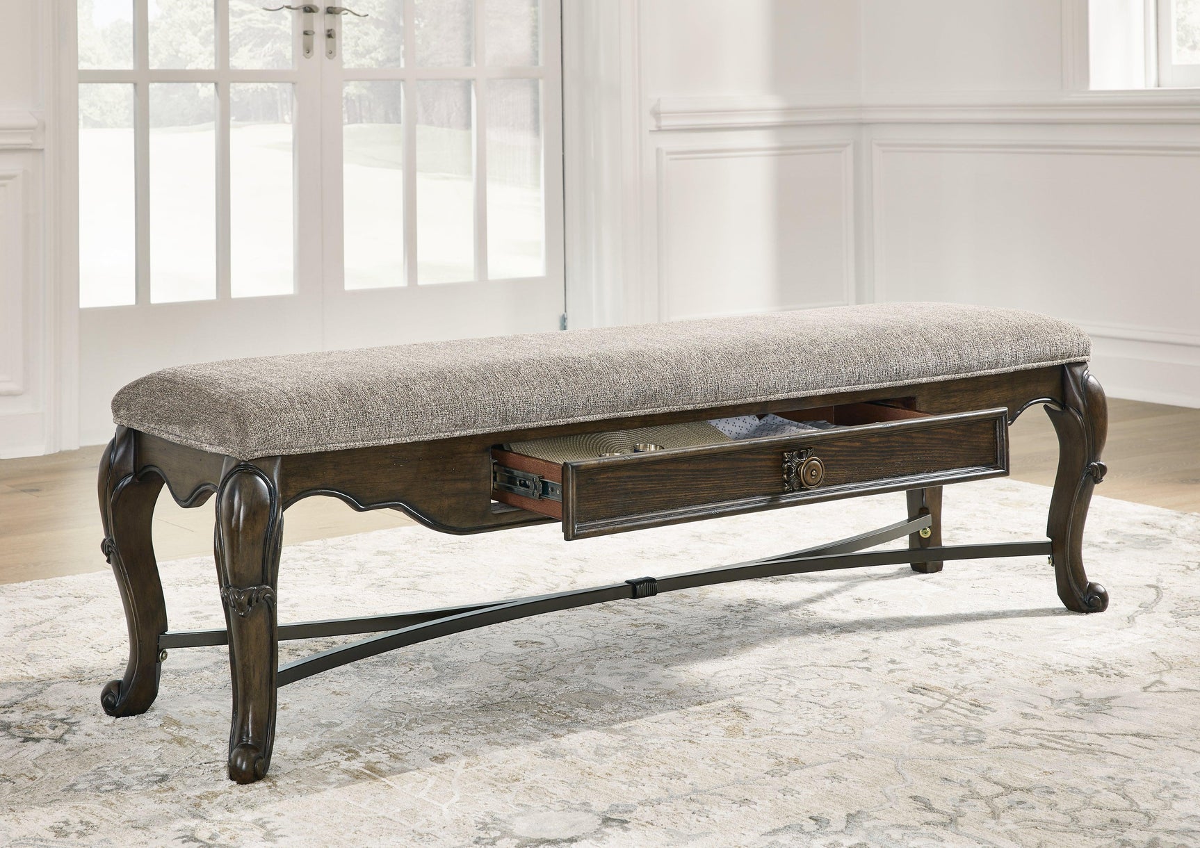 Drawer detail with metal stretcher bar underneath