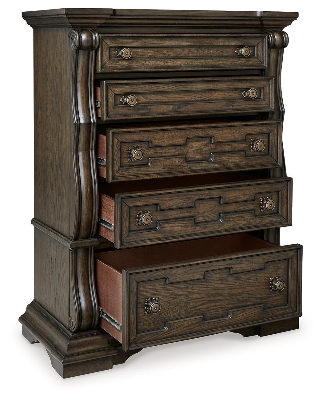 Maylee Chest close-up of antiqued goldtone pulls
