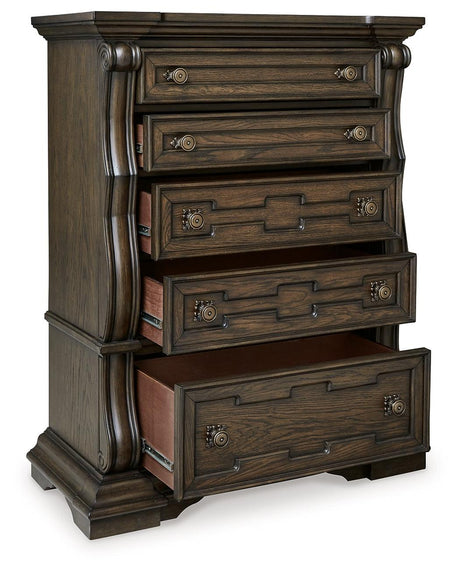 Maylee Chest close-up of antiqued goldtone pulls