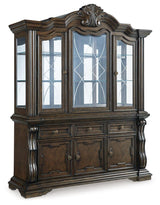Maylee dining buffet and hutch side angle showing glass shelves