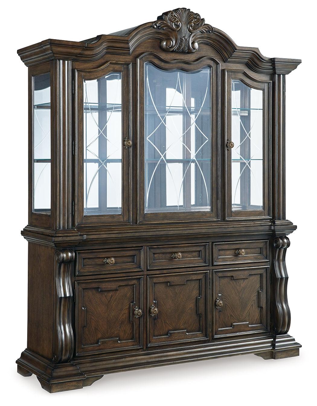 Maylee dining buffet and hutch side angle showing glass shelves