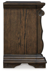 Maylee Nightstand showing antiqued goldtone hardware