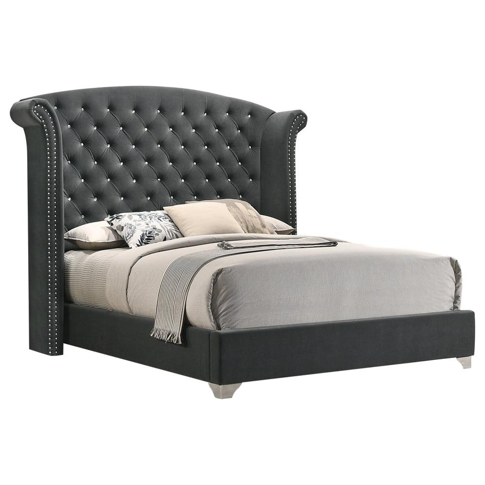 Side view of Melody Grey Wingback Upholstered Bedroom Set bed showing wingback headboard