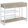 Melrose 2-Shelf Wine Cabinet front view with two drawers and chrome frame