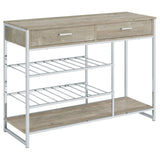 Melrose 2-Shelf Wine Cabinet front view with two drawers and chrome frame