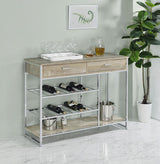 Side angle of Melrose wine cabinet showing shelves and drawer details