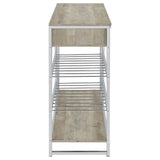 Detailed view of metal frame and particle board construction
