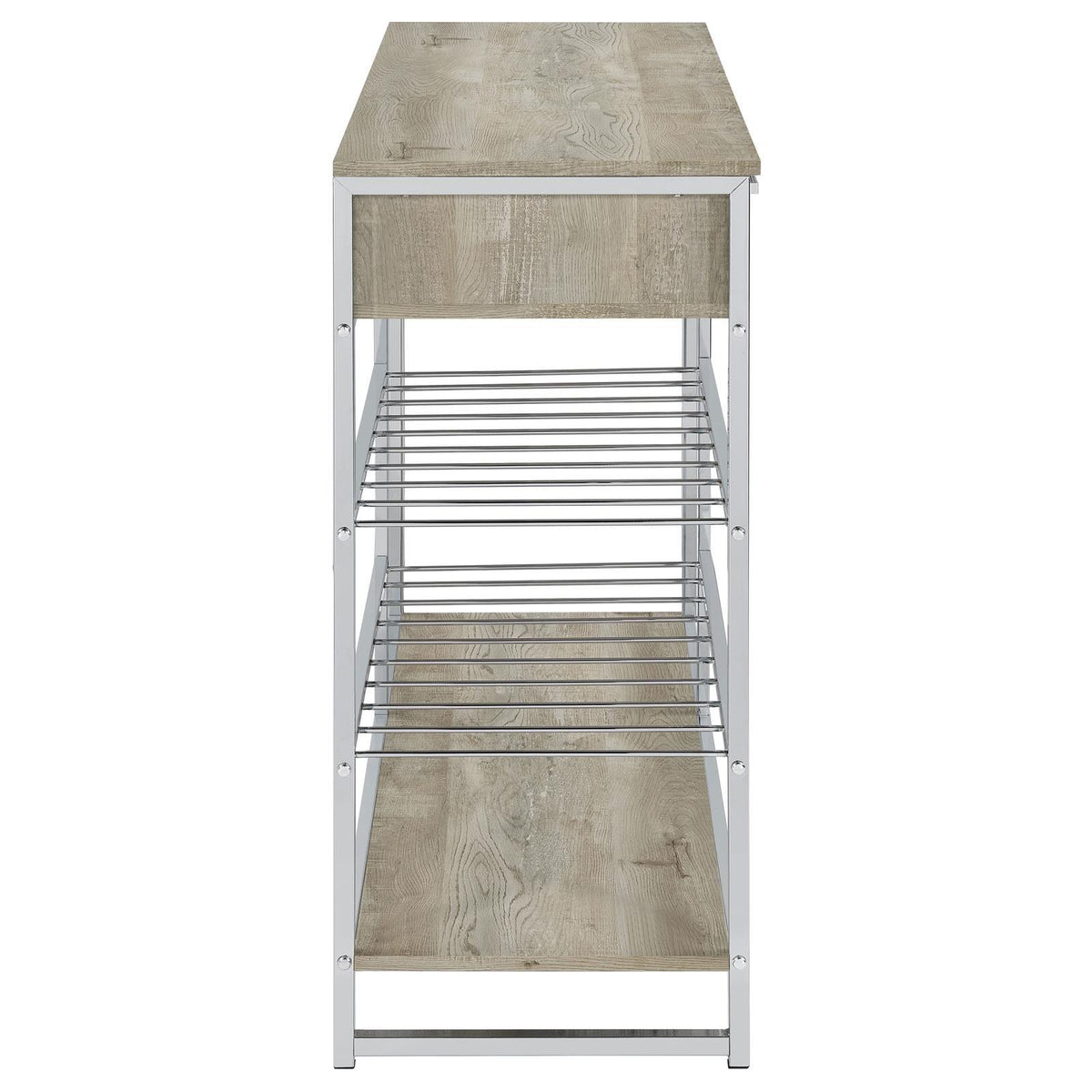 Detailed view of metal frame and particle board construction