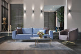 Side angle of Merida Blue and Gold 3-Seater Sofa showing armrest