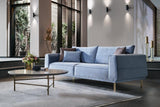Full front view of Merida Blue and Gold 3-Seater Sofa