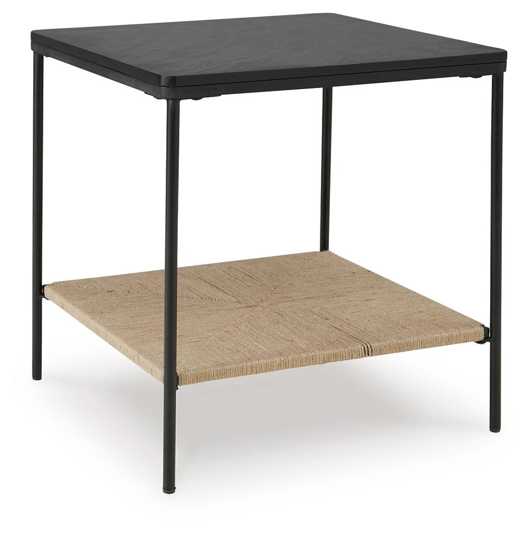 Minrich Black and Natural Accent Table side view showing jute shelf