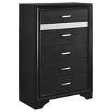 Side view of bed frame and storage of Miranda Black Set