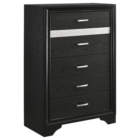 Side view of bed frame and storage of Miranda Black Set