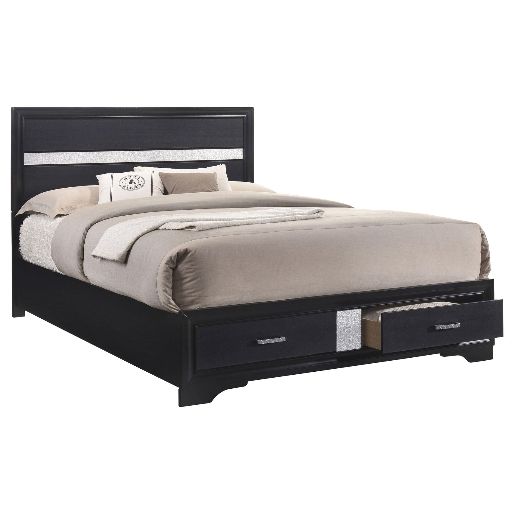 Side angle of Miranda Black Storage Bedroom Set king bed