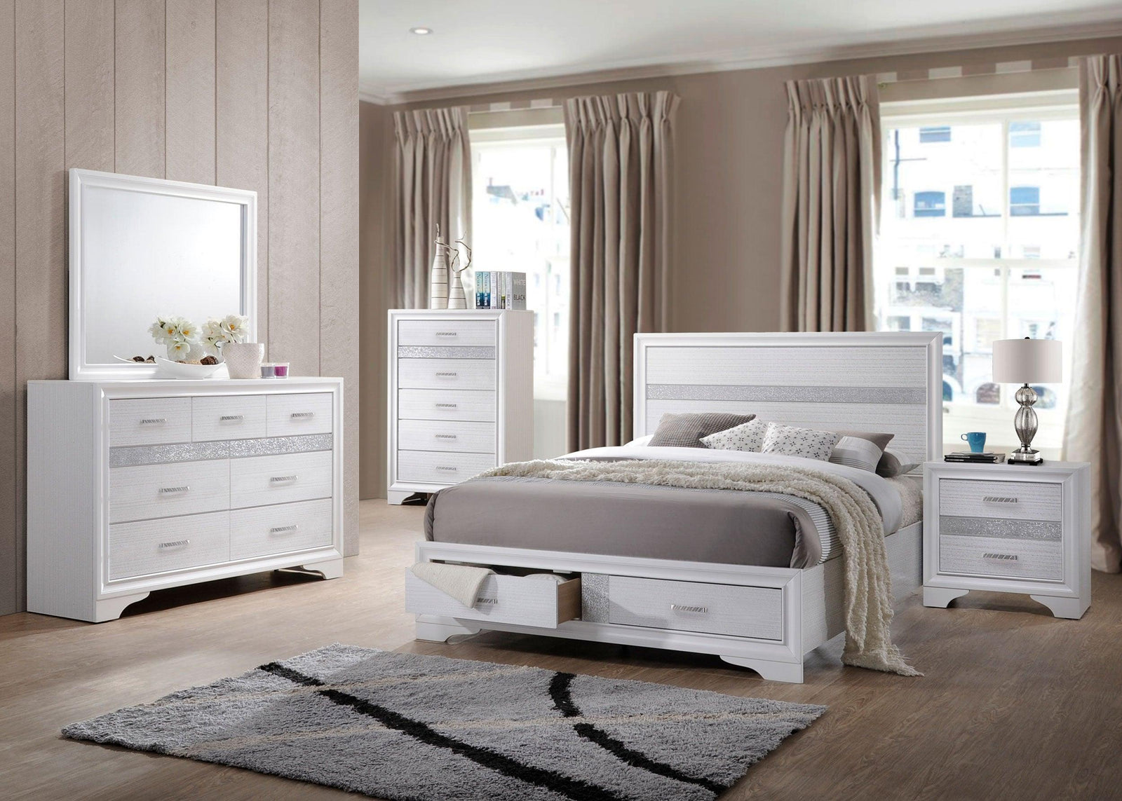 main view of Miranda White Storage Bedroom Set bed
