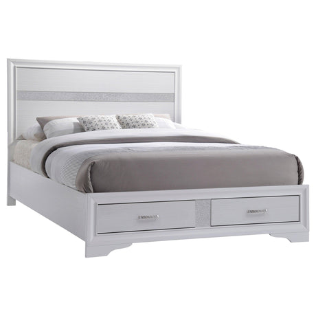 Side view of bed in Miranda White Storage Bedroom Set