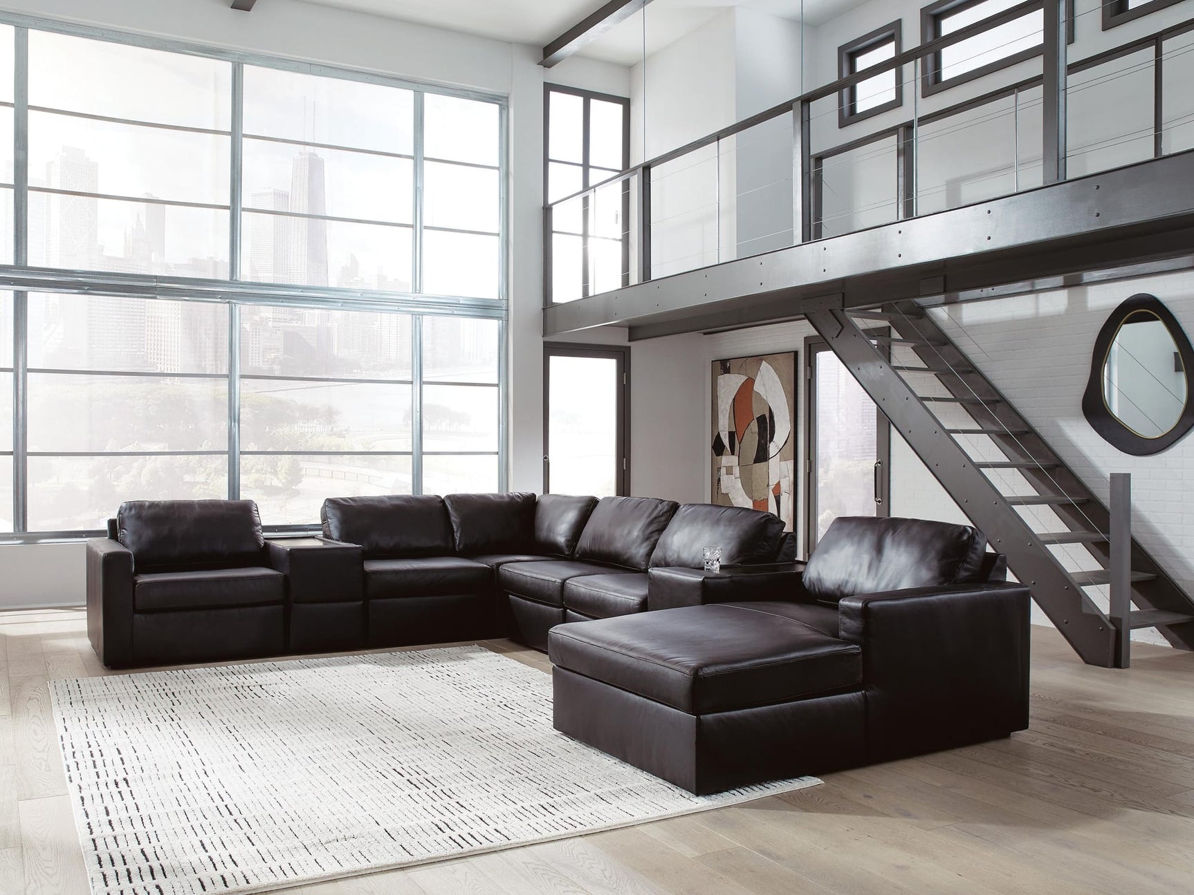 Modmax II Black Leather 8-Piece Sectional with Chaise and Storage Consoles from Decor Furniture
