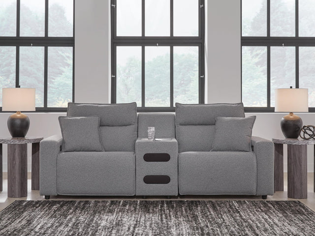 Modmax II Salt and Pepper Next-Gen Nuvella™ 3-Piece Power Reclining Sectional with Audio Console - image 1