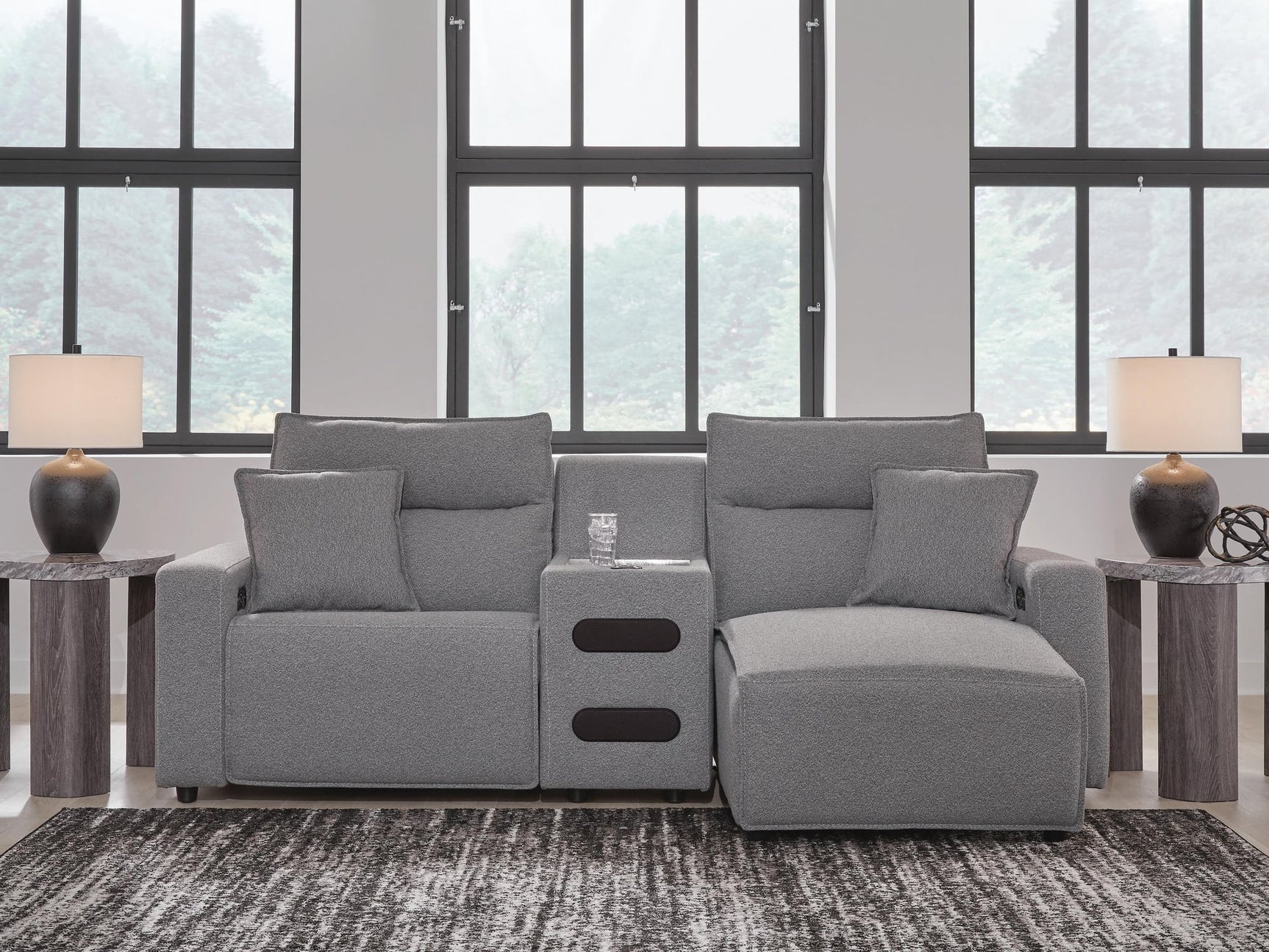 Modmax II Salt and Pepper Next-Gen Nuvella™ 3-Piece Power Reclining Sectional with Chaise and Audio Console - image 1