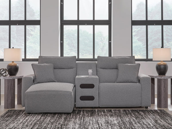 Modmax II Salt and Pepper Next-Gen Nuvella™ 3-Piece Power Reclining Sectional with Chaise and Audio Console - image 1