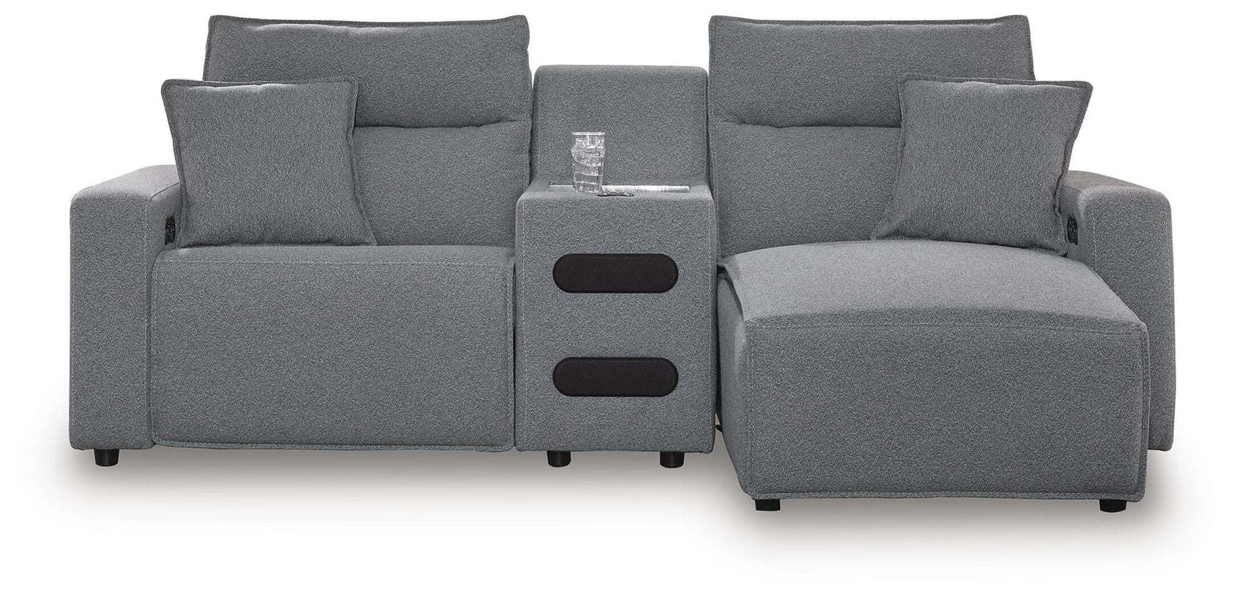 Modmax II Salt and Pepper Next-Gen Nuvella™ 3-Piece Power Reclining Sectional with Chaise and Audio Console - image 2