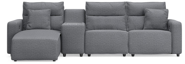 Modmax II Salt and Pepper Next-Gen Nuvella™ 4-Piece Reclining Sectional with Chaise and Console from Decor Furniture