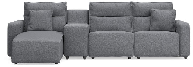 Modmax II Salt and Pepper Next-Gen Nuvella™ 4-Piece Reclining Sectional with Chaise and Console from Decor Furniture