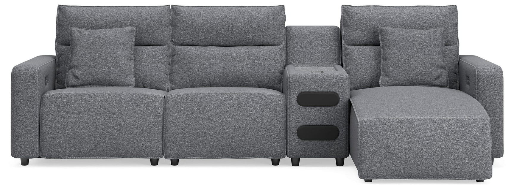 Modmax II Salt and Pepper Next-Gen Nuvella™ 4-Piece Reclining Sectional with Chaise and Audio Console from Decor Furniture