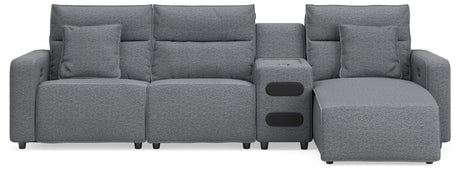 Modmax II Salt and Pepper Next-Gen Nuvella™ 4-Piece Reclining Sectional with Chaise and Audio Console from Decor Furniture