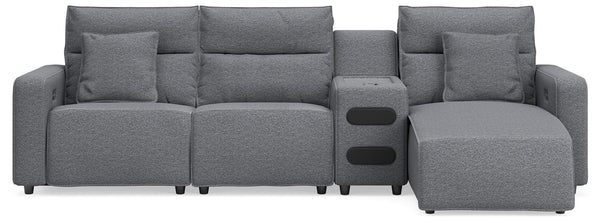 Modmax II Salt and Pepper Next-Gen Nuvella™ 4-Piece Reclining Sectional with Chaise and Audio Console from Decor Furniture