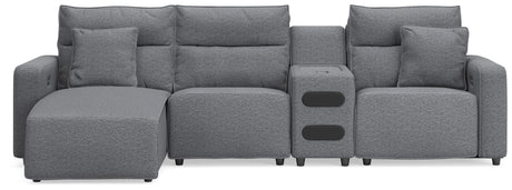 Modmax II Salt and Pepper Next-Gen Nuvella™ 4-Piece Reclining Sectional with Chaise and Audio Console from Decor Furniture