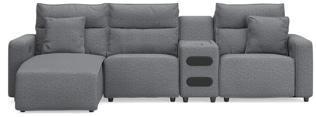 Modmax II Salt and Pepper Next-Gen Nuvella™ 4-Piece Reclining Sectional with Chaise and Audio Console from Decor Furniture