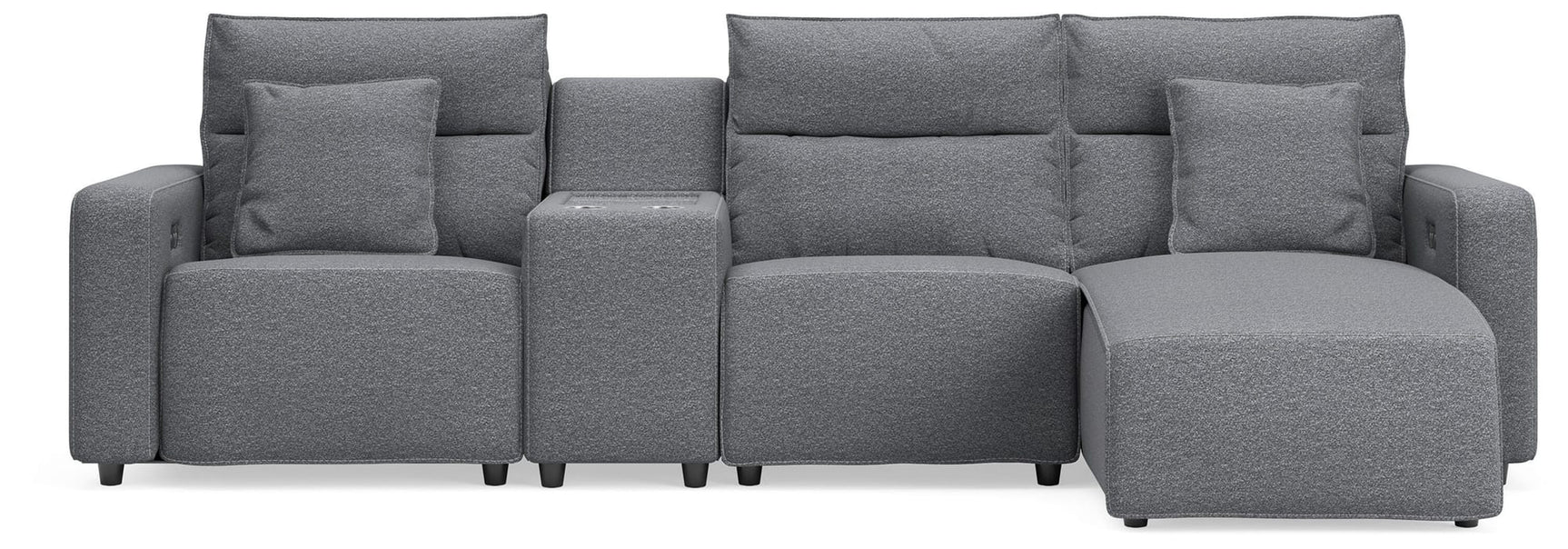 Modmax II Salt and Pepper Next-Gen Nuvella™ 4-Piece Reclining Sectional with Chaise and Console from Decor Furniture