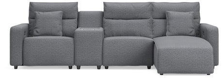 Modmax II Salt and Pepper Next-Gen Nuvella™ 4-Piece Reclining Sectional with Chaise and Console from Decor Furniture