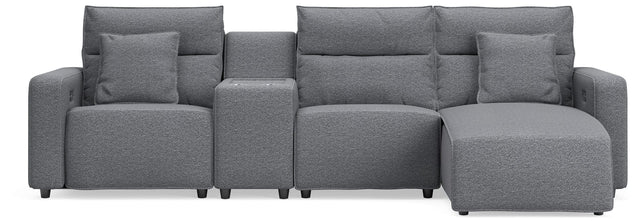 Modmax II Salt and Pepper Next-Gen Nuvella™ 4-Piece Reclining Sectional with Chaise and Console from Decor Furniture