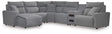 Modmax II Salt and Pepper Next-Gen Nuvella™ 6-Piece Reclining Sectional with Chaise and Audio Console from Decor Furniture