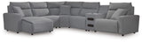 Modmax II Salt and Pepper Next-Gen Nuvella™ 6-Piece Reclining Sectional with Chaise and Audio Console from Decor Furniture
