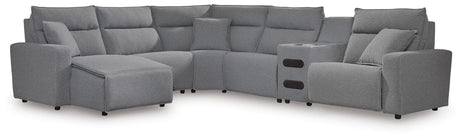 Modmax II Salt and Pepper Next-Gen Nuvella™ 6-Piece Reclining Sectional with Chaise and Audio Console from Decor Furniture