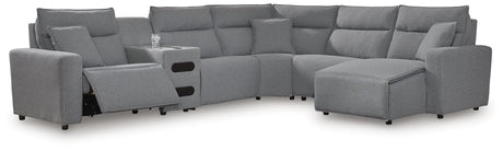 Modmax II Salt and Pepper Next-Gen Nuvella™ 6-Piece Reclining Sectional with Chaise and Audio Console - image 1
