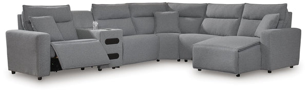Modmax II Salt and Pepper Next-Gen Nuvella™ 6-Piece Reclining Sectional with Chaise and Audio Console - image 1