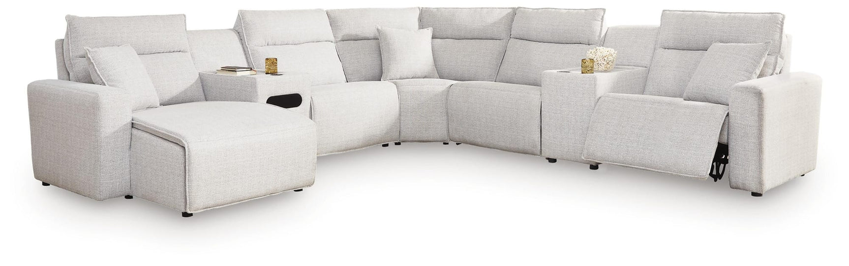 Modmax II Stone 7-Piece Power Reclining Sectional with Chaise and Audio Console from Decor Furniture