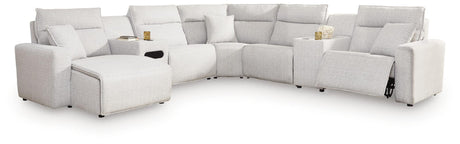 Modmax II Stone 7-Piece Power Reclining Sectional with Chaise and Audio Console from Decor Furniture