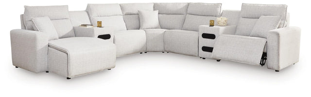 Modmax II Stone 7-Piece Power Reclining Sectional with Chaise and Audio Consoles from Decor Furniture